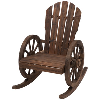 Burnt Wood Adirondack Rocking Chair with Wagon Wheel Armrests
