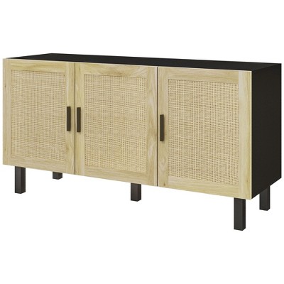 Yukimo Boho Kitchen Cabinet, Buffet Cabinet with 3 Rattan Doors and Adjustable Shelves, Black and Natural