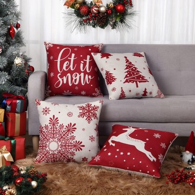 Set of 4 Christmas Pillow Covers 18x18 in Winter Holiday Xmas Tree Snowflakes Reindeer Throw Pillow Cover, Farmhouse Decorative Cushion Case for Sofa