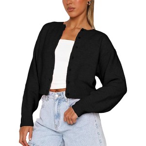 Women's Cropped Cardigan Sweaters Long Sleeve Button Down Sweaters Knit Cardigan Cute Y2k Open Front Crop Top - 1 of 4