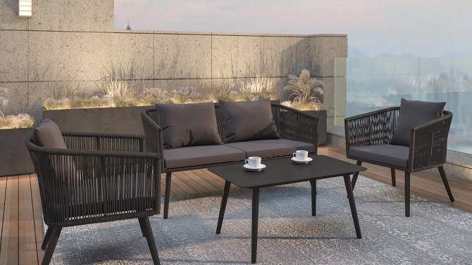 Emma and Oliver Black & Gray Woven All-Weather Four-Piece Conversation Set with Cushions & Metal Coffee Table for Porch, Backyard and Patio, 2 of 16, play video
