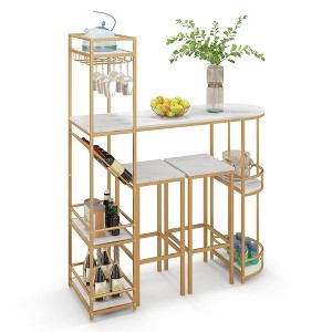 Costway 3 PCS Bar Table Set 2 Stools Storage Shelves Glass Holder Wine Rack Space Saving - 1 of 4