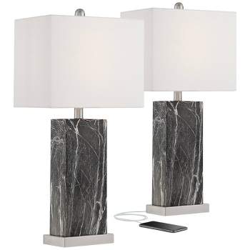 360 Lighting Connie Modern Table Lamps Set of 2 25" High Black Faux Marble with USB Charging Ports White Rectangular  Shade for Living Room House Desk