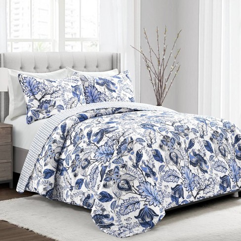 Full/Queen 3pc Cynthia Jacobean Quilt & Sham Set Blue - Lush Décor