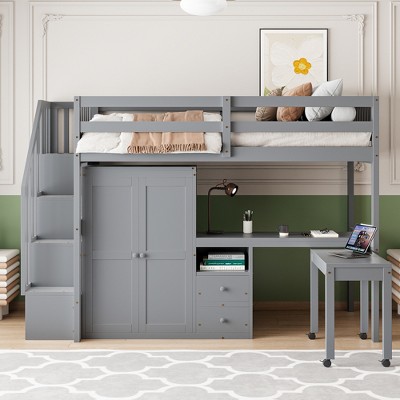 VYNXARIA Twin Size Loft Bed with Stairs, Bookshelf, Drawers, Desk & Wardrobe - Space-Saving Gray