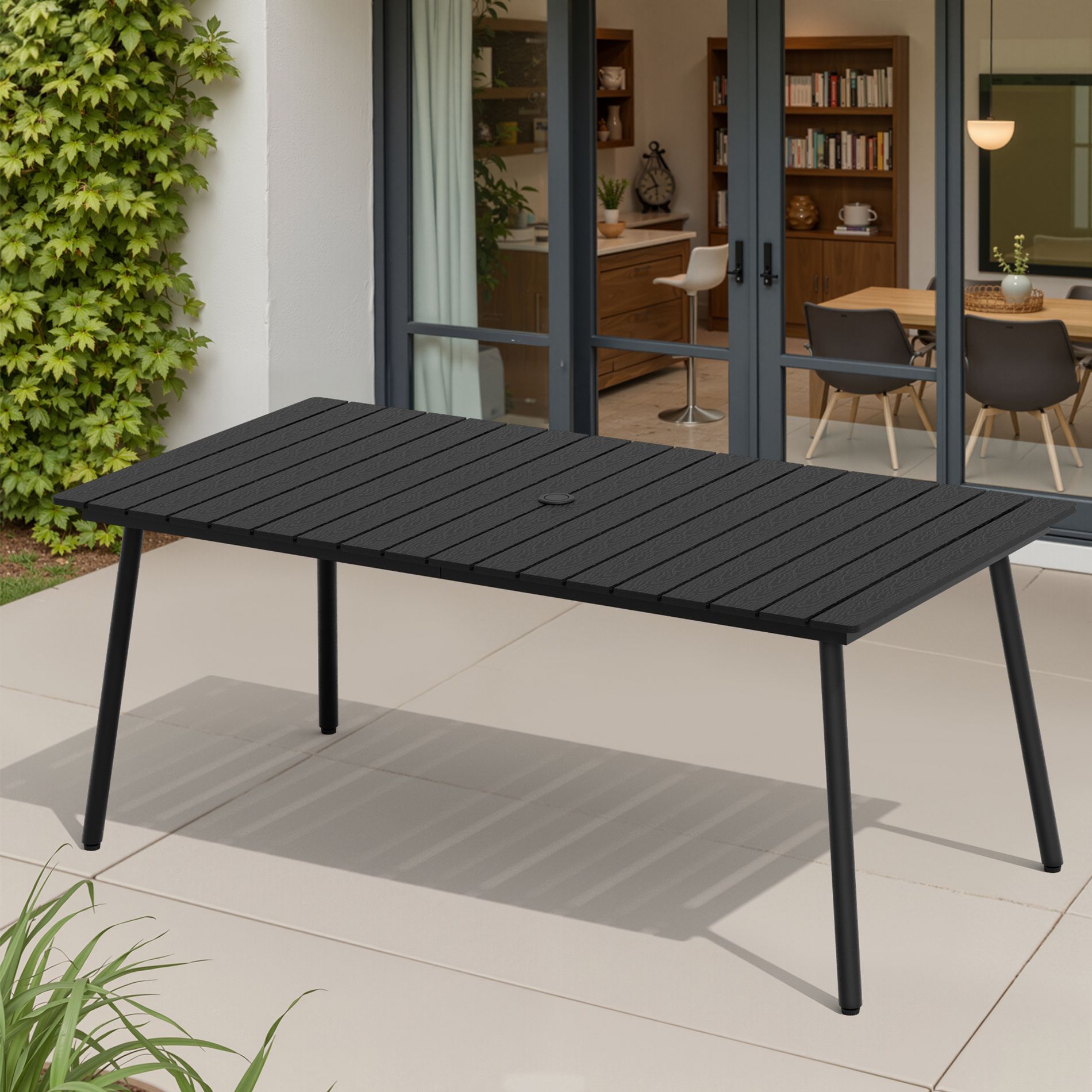 Pellebant 70.9-Inch Outdoor Rectangular Dining Table 4-6 People Aluminum Frame Wood-Look Top Umbrella Hole Black