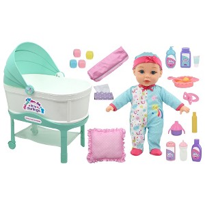 New Adventures Little Darlings: 12" Bassinet Baby Doll Set - Teal, Pink, Stars - 1 of 4