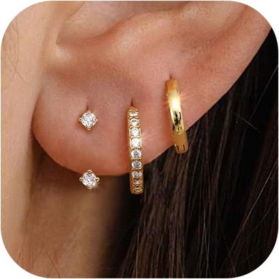 3Pairs 925 Sterling Silver, 14K Gold Plated Small Huggie Hoop Earrings Sets for Multiple Piercing CZ Cartilage Earrings Stacks