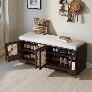 Mshliw Rustic Storage Bench with Removable Cushion, Wooden Entryway Shoe Bench with Woven Rattan Doors & Adjustable Shelves for Hallway - 1 of 4