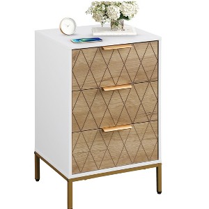 Racxily Nightstand with 3 Drawers, End Table,Gold MetalFeet, Gold Metal Handles, Drawer Panels Shaped by Cutting Lines, End Table for Bedroom - 1 of 4