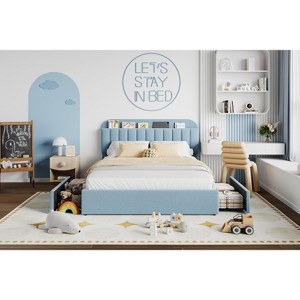Bed Frame, Faux Fur Upholstered Bed Frame with Storage Headboard, 2 Rolling Drawers, Noise Free Bedframe with Sturdy Wooden Slats Supports - 1 of 4