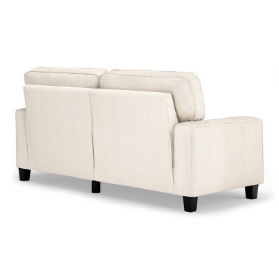 Beige Leather Track Arm Sofa with Pillow Back and Wood Legs