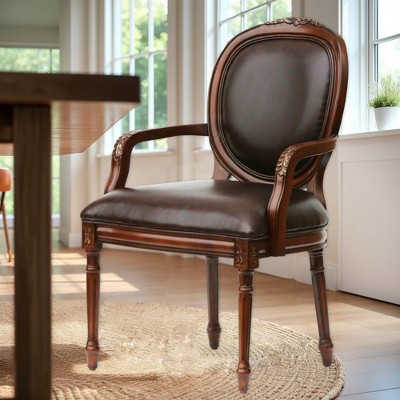 Faux Leather Chair with Fluted Legs, and Intricate Hand Carvings for Living Room