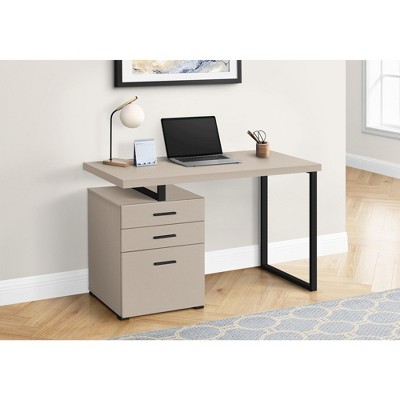 Vynxaria Computer Desk, Home Office, Laptop, Left, Right Set-up, Storage Drawers, 48"l, Work, Beige Laminate, Black Metal,Modern