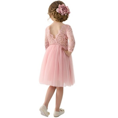 2Bunnies Girls' Paisley Lace Tulle Long Sleeve Knee Flower Girl Dress