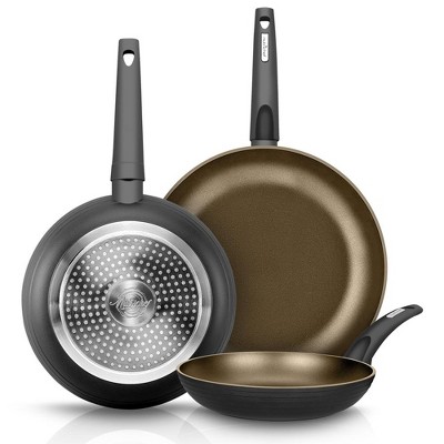 NutriChef 3 Pc Non-Stick Fry Pan Set - 8", 9.5", 11" - Metallic Ridge Line