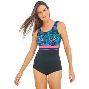 Swim 365 Women's Plus Size Zip-front One-piece With Tummy Control, 20 - Mirtilla  Azalea Black : Target