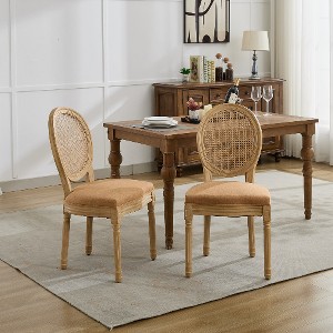 Lyngins French Style Dining Chairs (Set of 2), Linen Upholstered Armless Chair with Rattan Backrest, Solid Wood Kitchen Chairs & Living Room Chair - 1 of 4