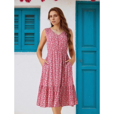 Женские платья INSPIRE CHIC Women's Summer Boho Beach V Neck Sleeveless Floral Flowy Tiered Midi Dress with Pockets Red Medium — фото 2