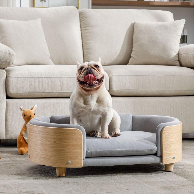 Bulldog Large Dog Beds With Removable Washable Cover, Velvet Cushion With Solid Wood legs and Bent Wood Back-The Pop Maison, 2 of 9