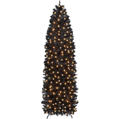 Best Choice Products Pre-Lit Black Artificial Christmas Tree, Holiday Pencil Tree w/ Metal Base