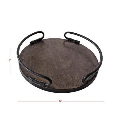 Small Round Dark Metal and Wood Tray with Handles