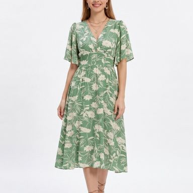 Anna-Kaci Women's Floral Print Flutter Sleeve Smocked Waist Midi Dress