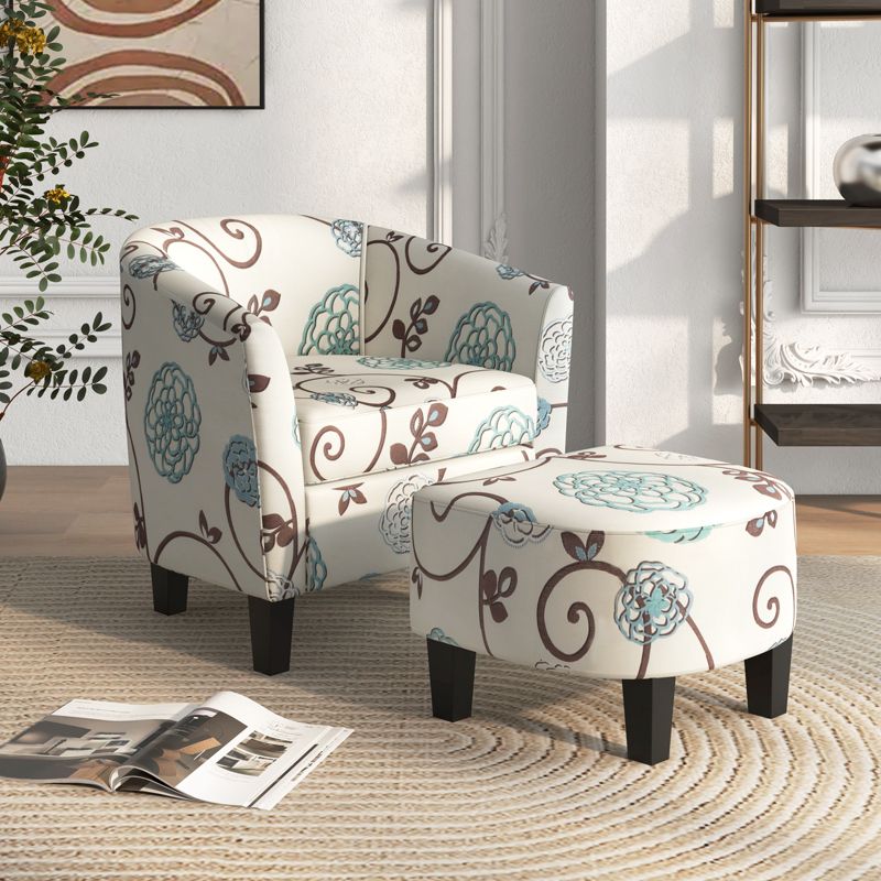 Costway Barrel Modern Accent Tub Upholstered Chair French Print with Ottoman Grey Floral, 2 of 11
