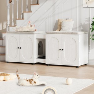 55.1" Double Cat Litter Box Enclosure with Rattan Door - Large Hidden Litter Cabinet for 2 Cats, Includes Litter Pad - 1 of 4