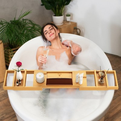 Natural Bamboo Foldable Bathtub Caddy Tray with Accessories