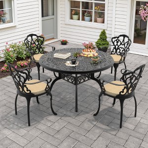 5-Piece Cast Aluminum Outdoor Dining Set with Beige Cushions, Round Table & Ergonomic Chairs - for Patio, Backyard - 1 of 4