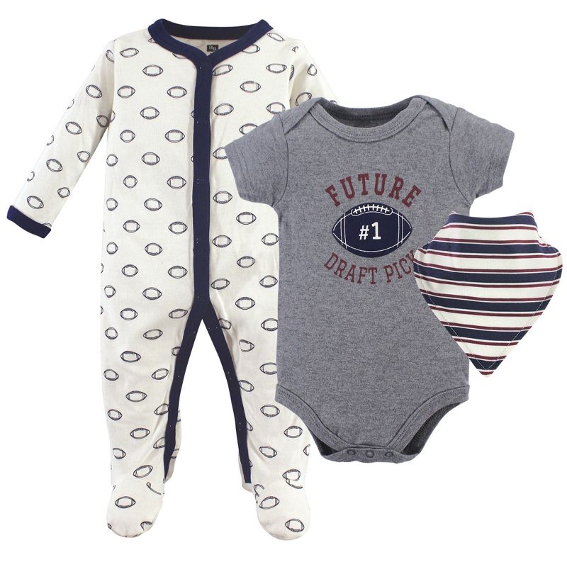 Hudson Baby Infant Boy Cotton Sleep and Play, Bodysuit and Bandana Bib Set, Football, 1 of 3