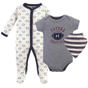 Hudson Baby Infant Boy Cotton Sleep and Play, Bodysuit and Bandana Bib Set, Football