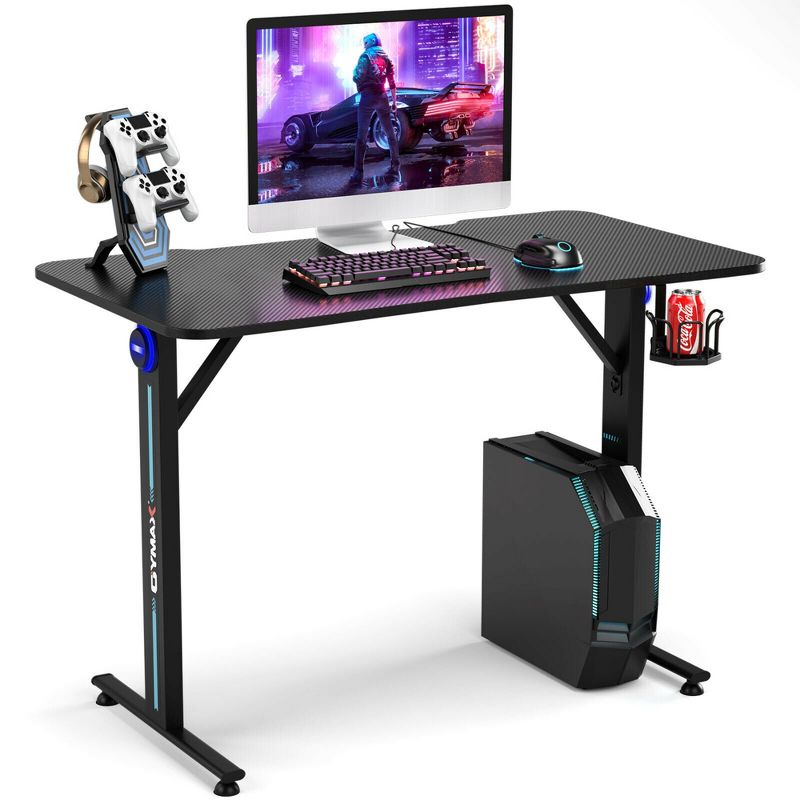 Costway Gaming Desk Home Office PC Computer Desk w/LED Lignt&Gaming Handle Rack, 1 of 11