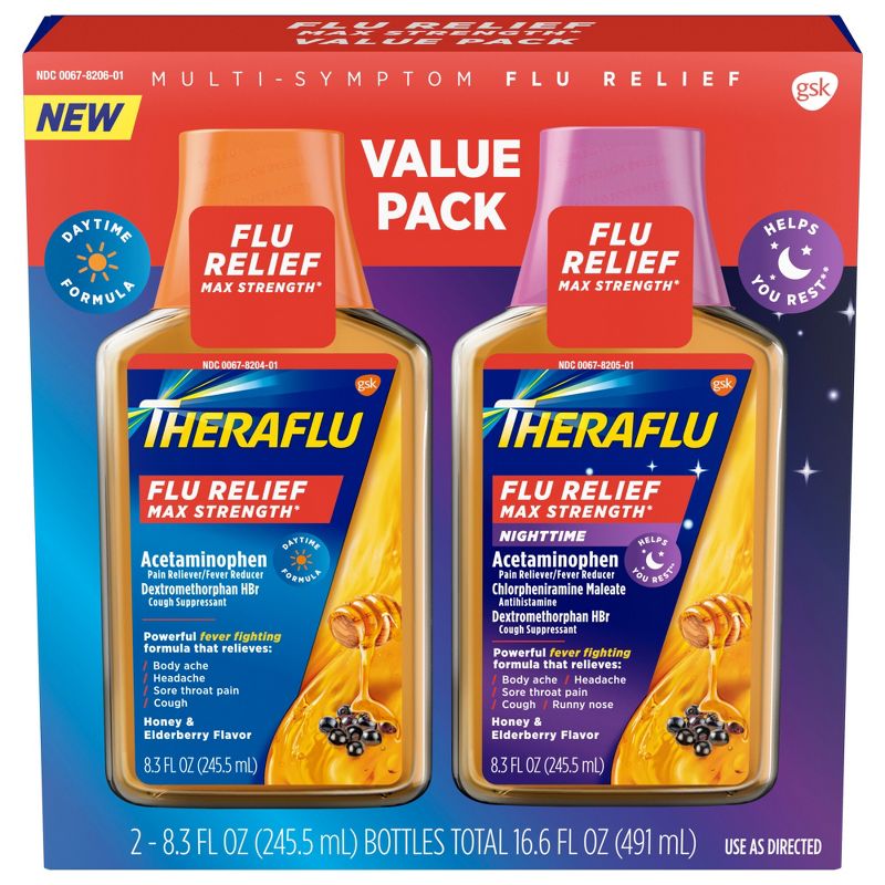 Theraflu Multi-Symptom Flu Relief Max Strength Day &#38; Night Liquid - Honey Elderberry - 16.6 fl oz, 2 of 8