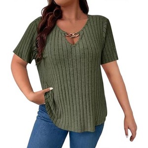 Coolmee Women's Loose Short Sleeve Pullover T Shirt Summer V Neck Dressy Work Tunic Blouses - 1 of 4
