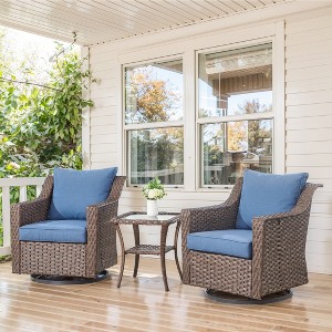 Belord 3PCS Outdoor Swivel Glider Chairs with Side Table, Patio Brown Wicker Swivel Chairs with 2-Layer Tempered Glass Top Rattan Side Table - 1 of 4