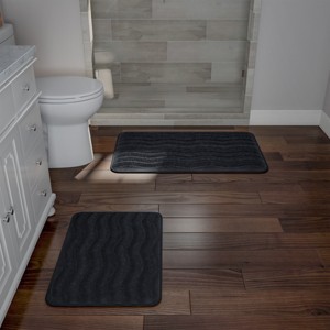 Hastings Home Memory Foam Bathroom Rug With Wavy Microfiber Top - Black, Set of 2 - 1 of 4