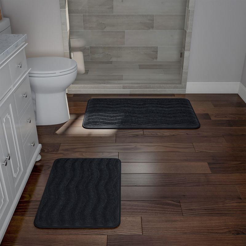 Hastings Home Memory Foam Bathroom Rug With Wavy Microfiber Top - Black, Set of 2, 3 of 8