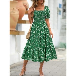 Women's Summer Smocked Midi Dress Casual Square Neck Puffy Short Sleeve Tiered Ruffle Dresses - 1 of 4