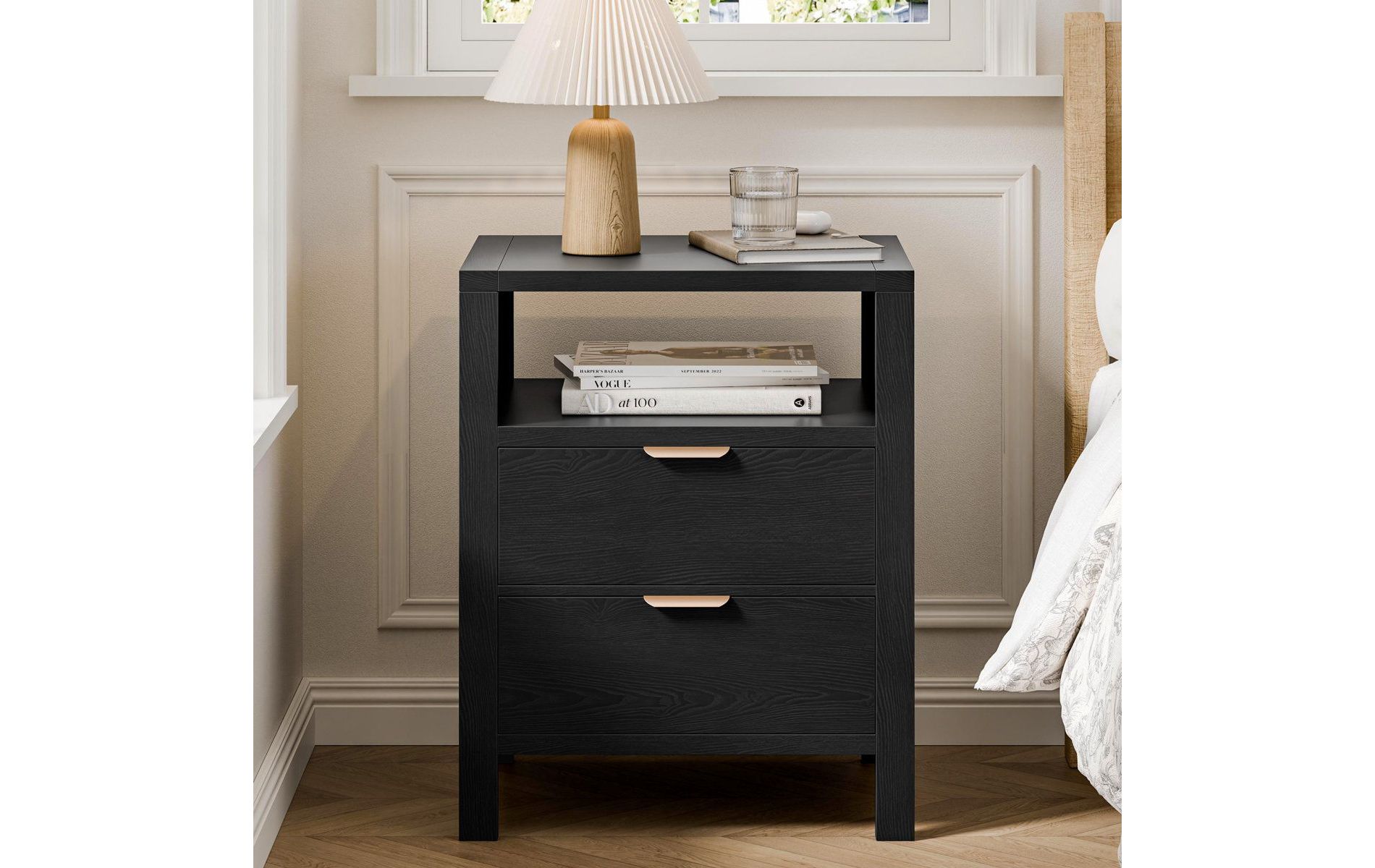 2 Drawer Nightstand with Open Shelf, 21"/28" W Natural Wood Bedside Table for Bedroom