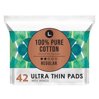 L . Organic Cotton Topsheet Ultra Thin Regular Absorbency Pads with Wings - 42ct