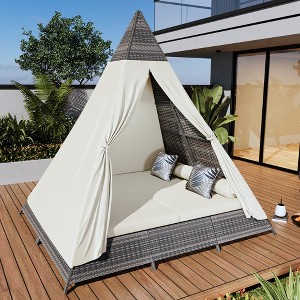 90.5"W. Outdoor Sunbed With Tent Shape and Curtains, Patio Wicker Daybed With Colorful Pillows, Brown-ModernLuxe - 1 of 4