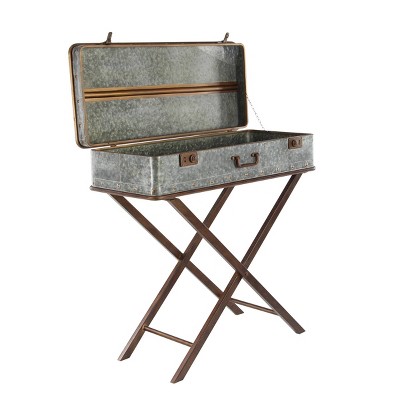 Gray Metal Suitcase Style Accent Table with Folding Legs