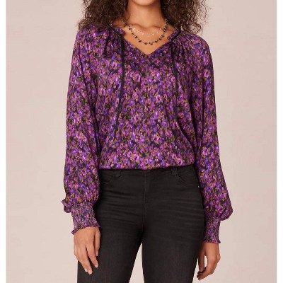 Women's Ruffle Edge Floral Print Woven Top With Ties - Democracy
