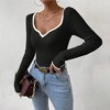 Women's Fashion V-Neck Knitted Top, Slim Fit Solid Color Versatile Long Sleeve Blouse for Layering & Casual Wear - 2 of 3