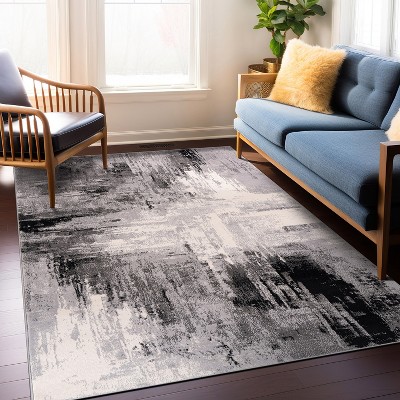 Black and Gray Abstract Synthetic 8' x 10' Area Rug