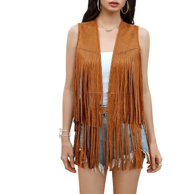 Acekool Women's 70s Fringe Vest - Retro Faux Suede Sleeveless Jacket with Bohemian Tassels, Western & Hippie Style