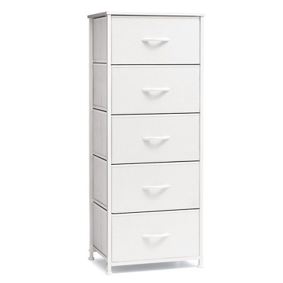 Crestlive Products Vertical Dresser for Bedroom Storage Tower With Steel Frame Wood Top Easy Pull Fabric Bins
