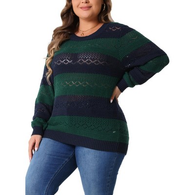 Agnes Orinda Women's Plus Size Casual Long Sleeve Crewneck Lightweight Hollow Knit Pullover Sweaters